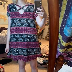 Elephant shift dress with crossed front